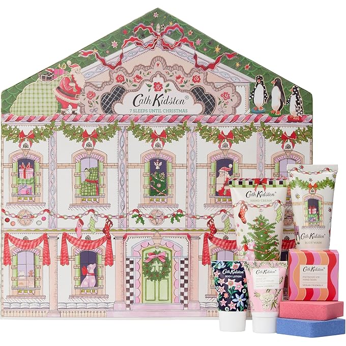 Cath Kidston بيت دمى كاث كيدستون | سبعة أيام حتى عيد الميلاد مع 7 منتجات للعناية بالجسم تشمل لوشن الجسم و 2 فوار استحمام | حجم سفر وصديق للنباتيين | هدية تجميل لها - Image 1